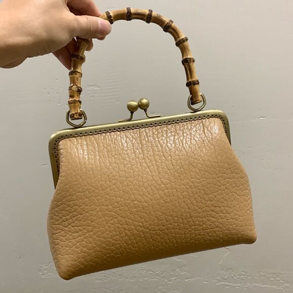Handsewn Genuine Premium Leather Real Bamboo Handle & Kisslock Satchel/Crossbody